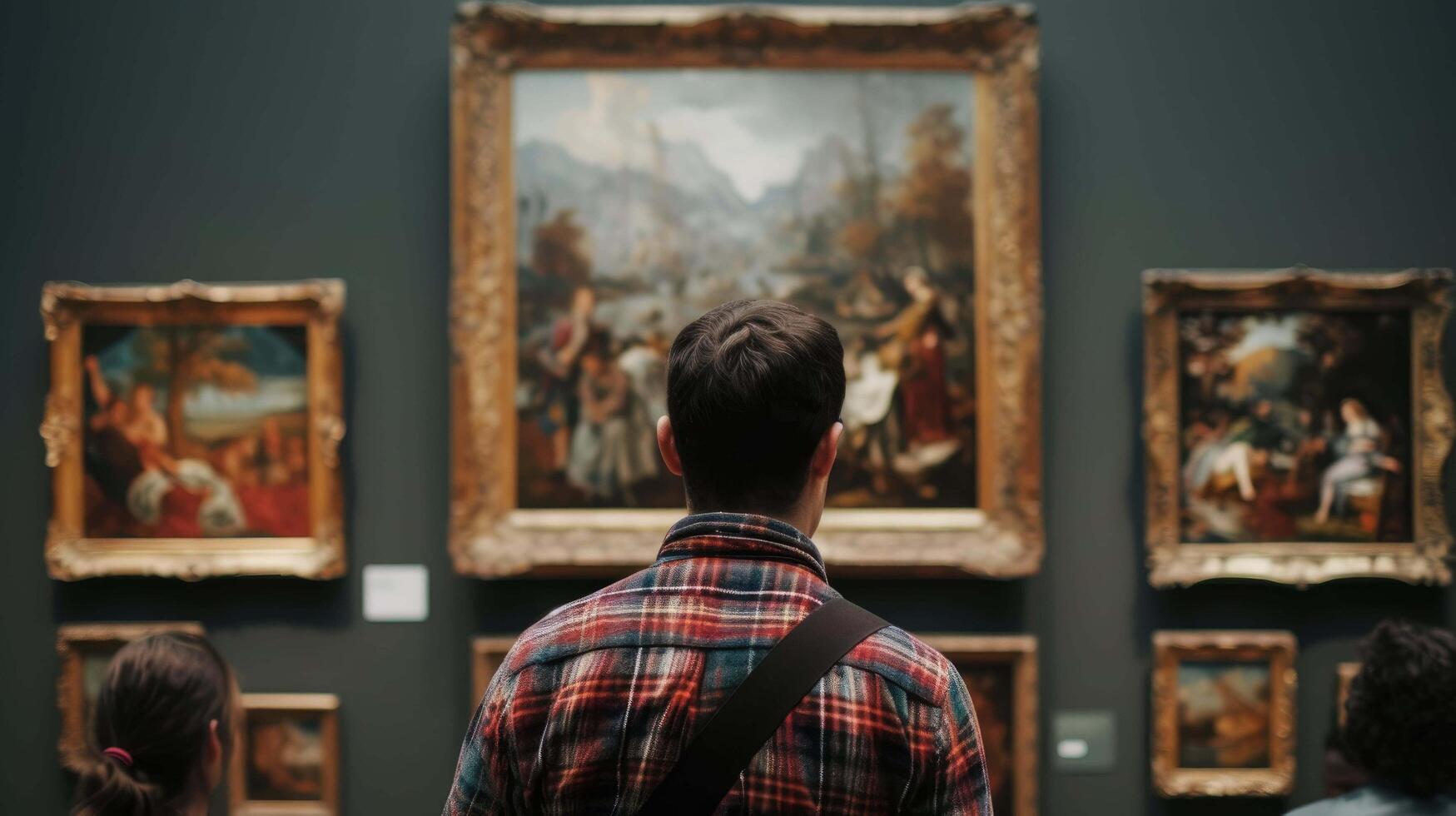 ai genererad en man ser på målningar i ett konst museum foto