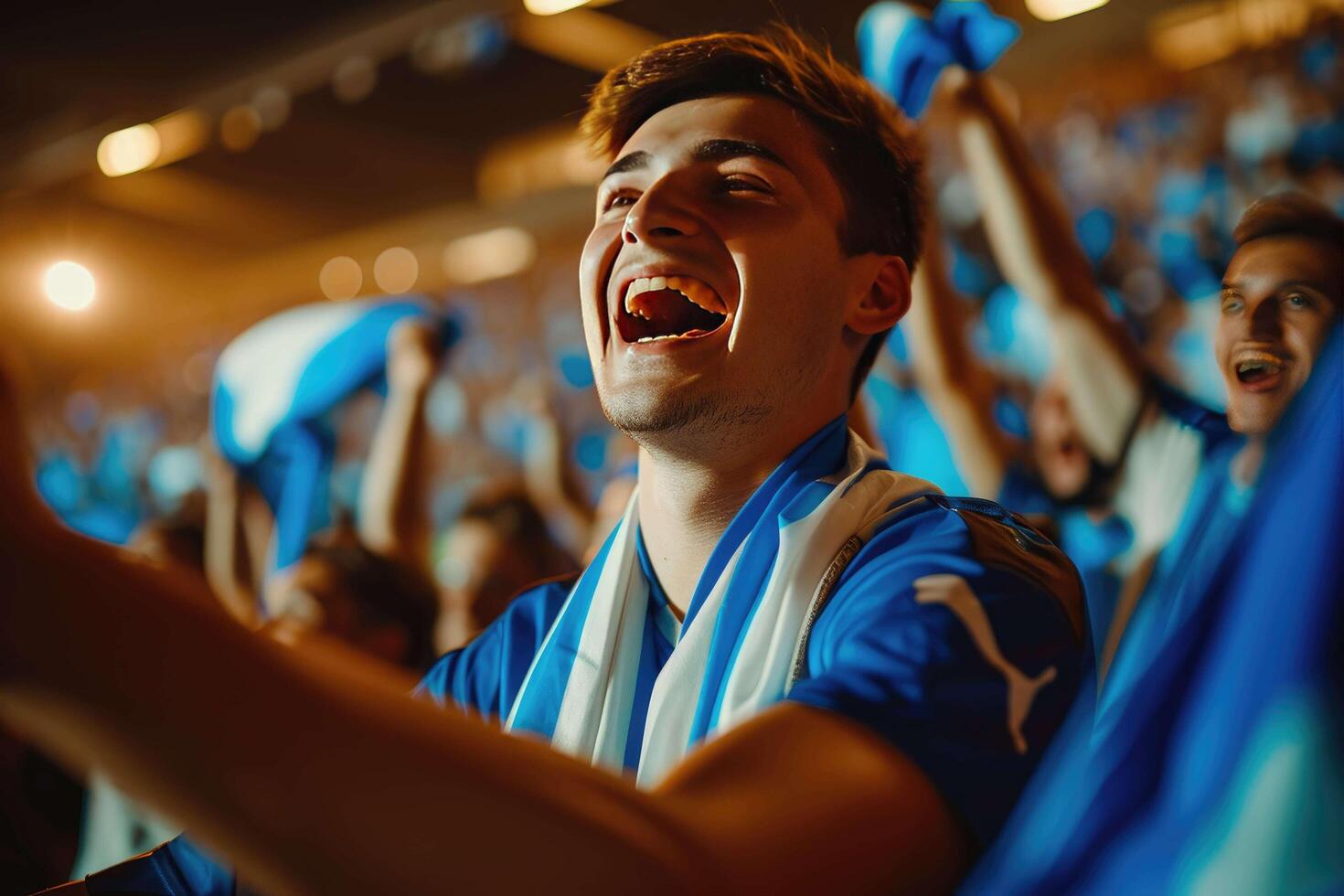 ai genererad en man i en blå jacka är glädjande i en stadion foto