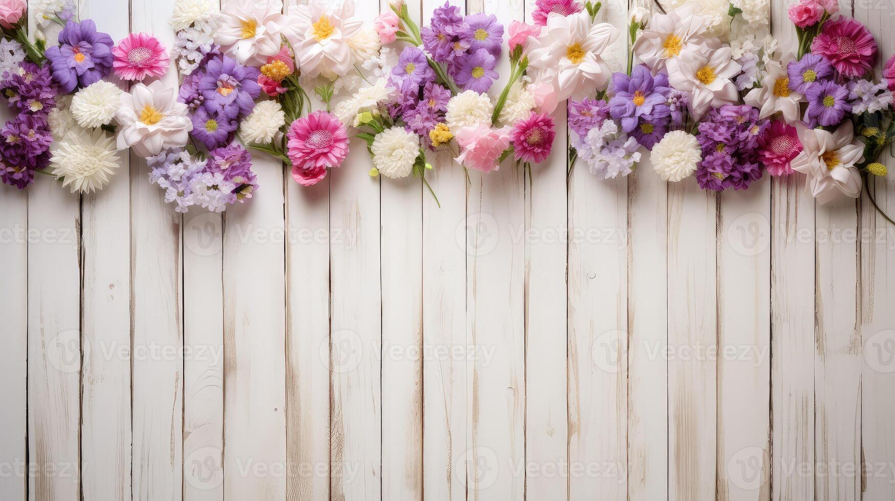 ai genererad rustik vit trä med blommor ai genererad foto