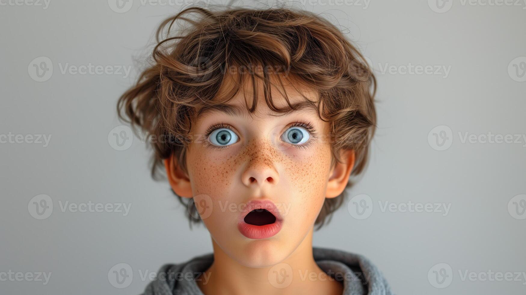 ai genererad porträtt överraskning ansikte, porträtt av ett förvånad pojke med ett öppen mun och runda stor ögon, förvånad uttryck, ser kamera. vit bakgrund. foto
