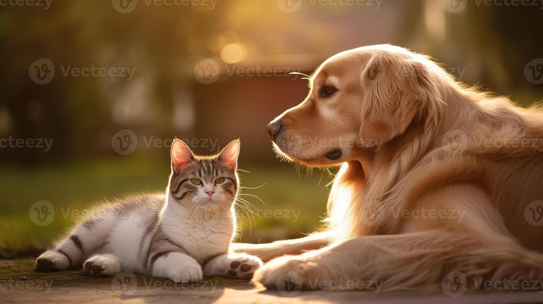 ai genererad sällskapsdjur hund och katt utanför ai genererad foto
