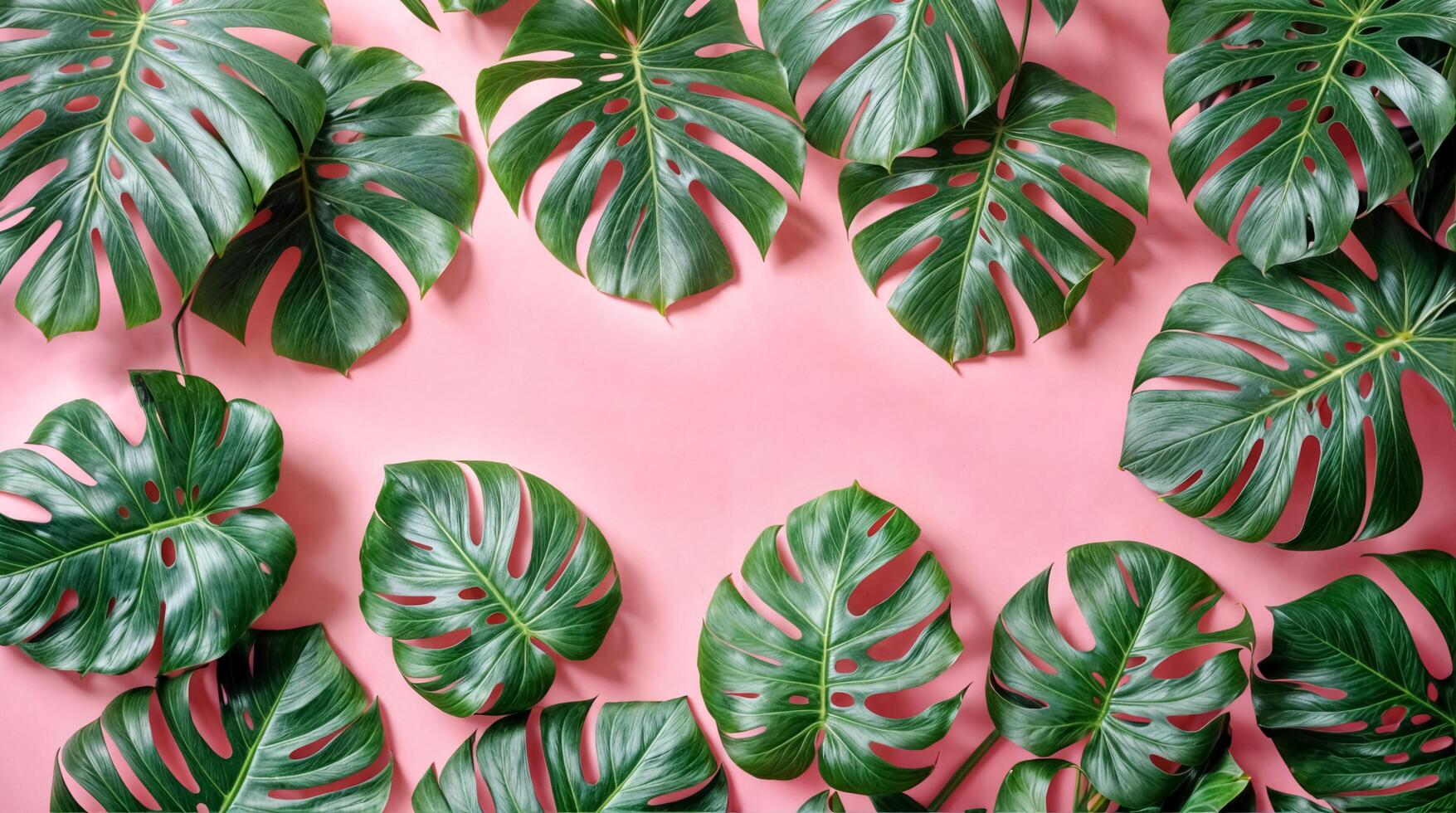 ai genererad monstera löv på rosa bakgrund. blommig gräns av färsk grön tropisk växt. topp se, platt lägga foto