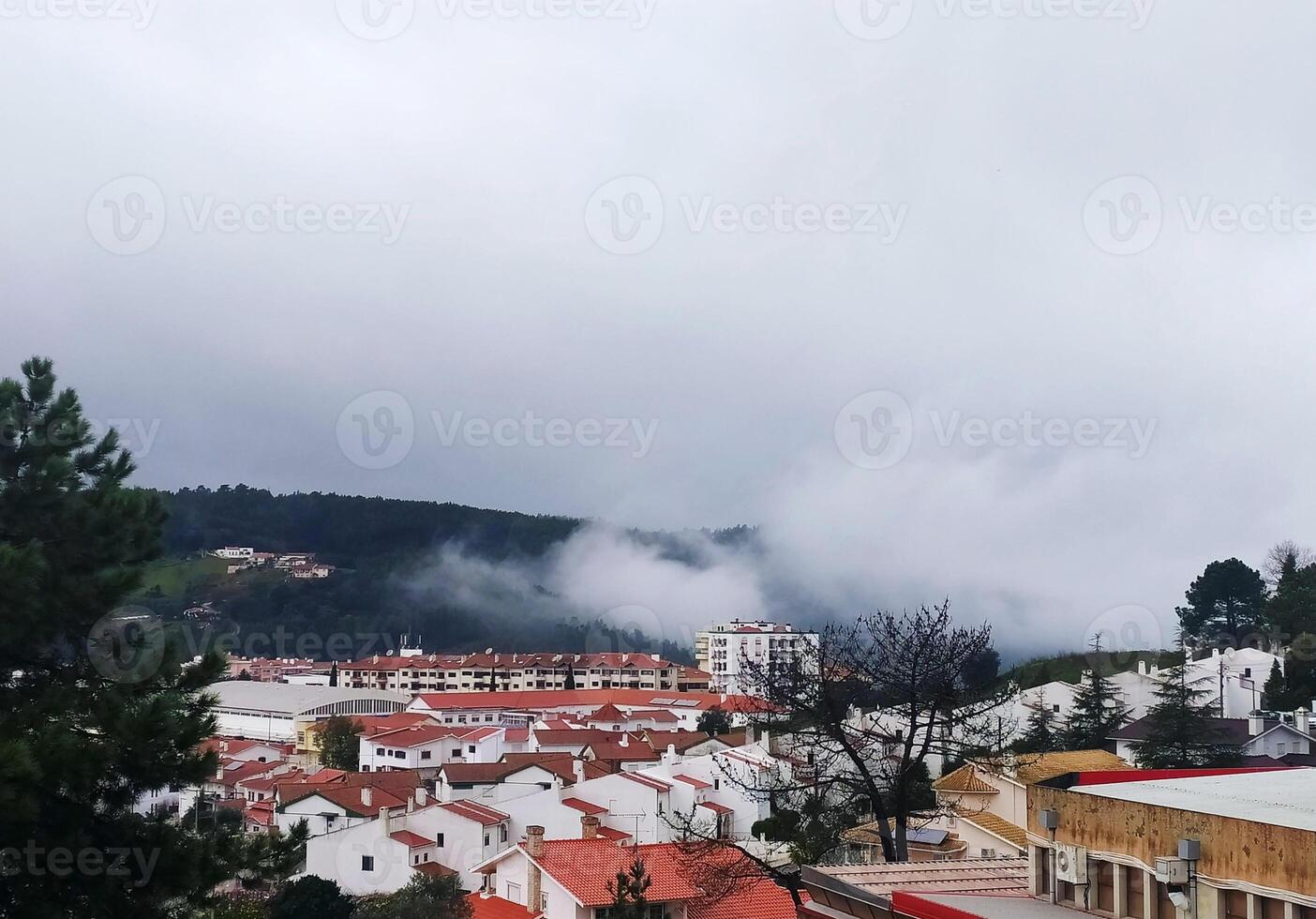 panorama- se av en traditionell portugisiska stad, vit hus med röd kaklade tak. foto