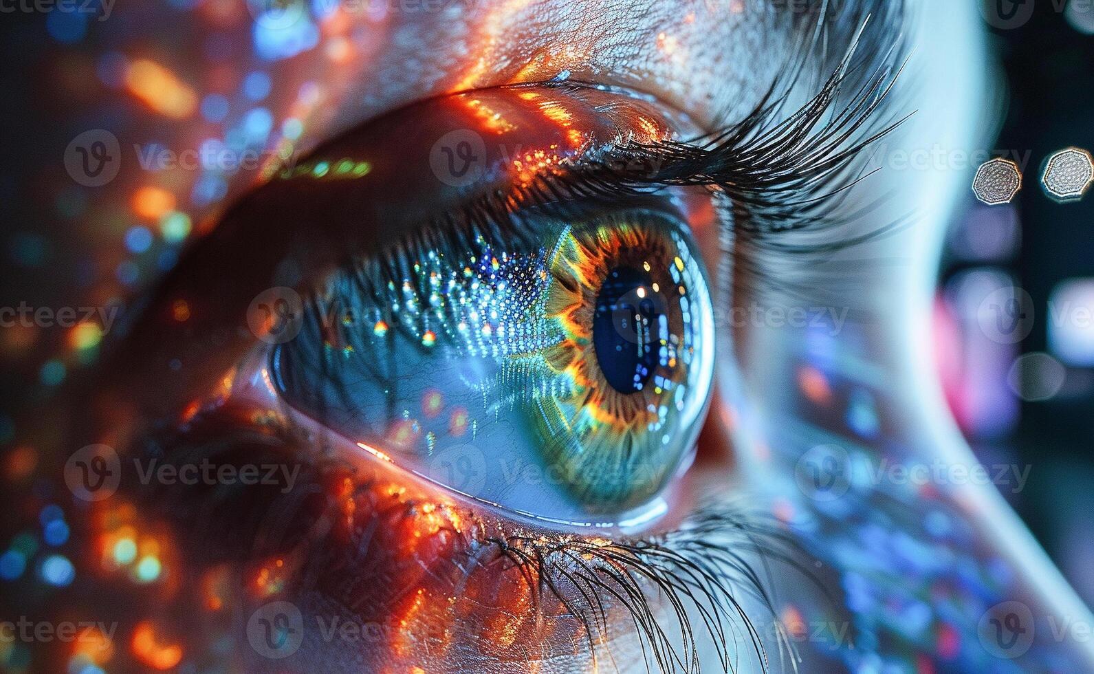 ai genererad närbild av en kvinnors öga reflekterande abstrakt digital data mönster foto
