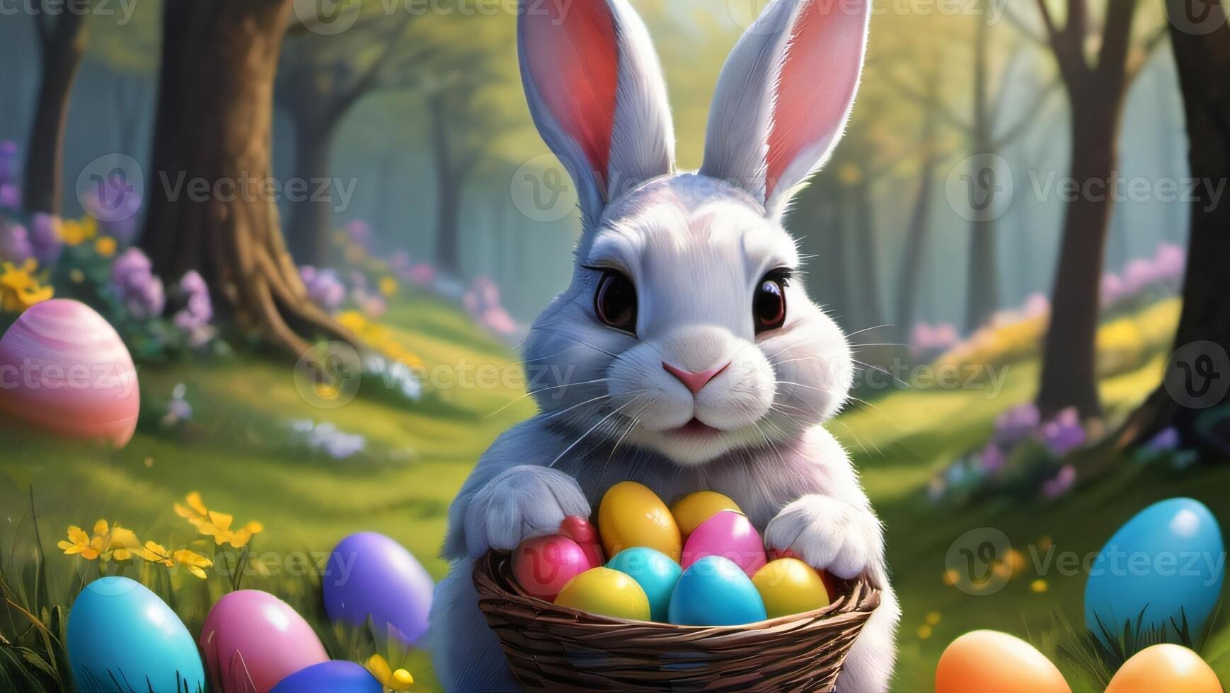 ai genererad Foto av påsk kanin med en korg av påsk ägg helig Semester av påsk bild. ai genererad