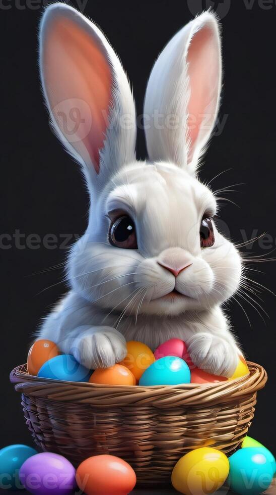 ai genererad Foto av söt kanin innehar korg av ljus färgrik påsk ägg. ai genererad