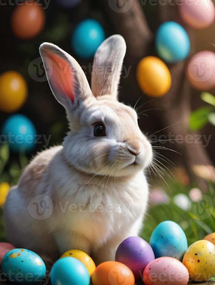 ai genererad Foto av Lycklig påsk kanin med många färgrik påsk ägg. ai genererad