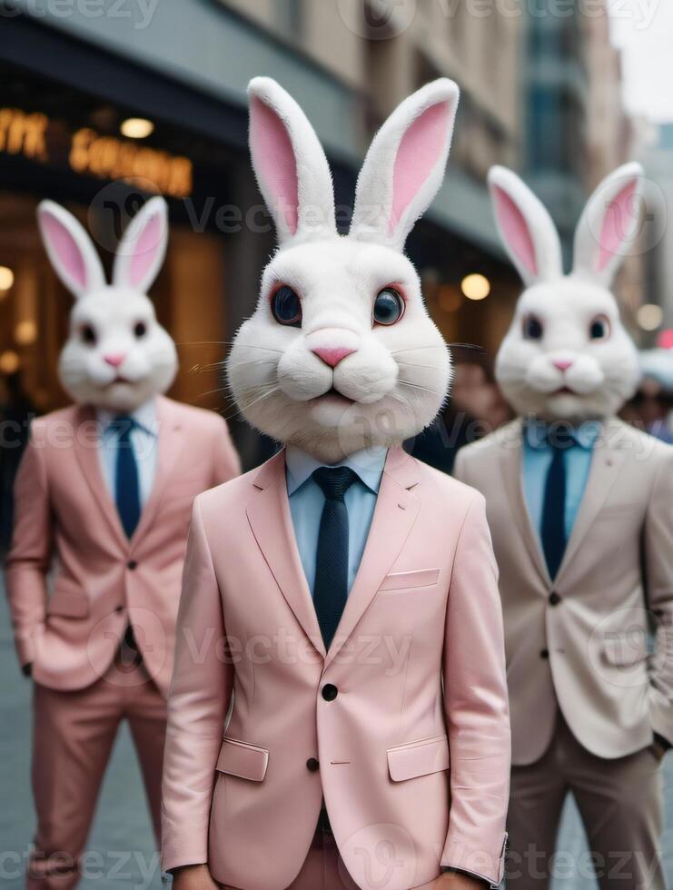 ai genererad Foto av abstrakt modern grupp av påsk kanin klädd stående och Framställ som en mänsklig i stad Centrum trendig modern hipsters djur i mode kostymer illustration. ai genererad