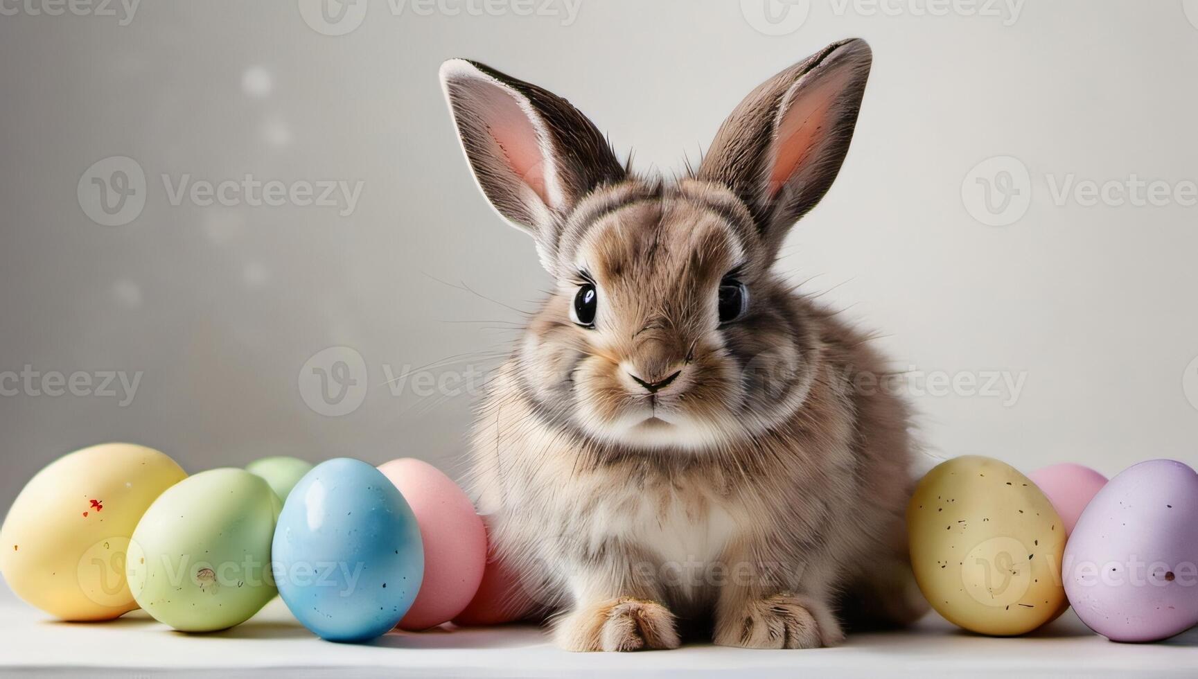 ai genererad Foto av vattenfärg målning av en söt bebis kanin innehav ett påsk ägg på en vit bakgrund. ai genererad