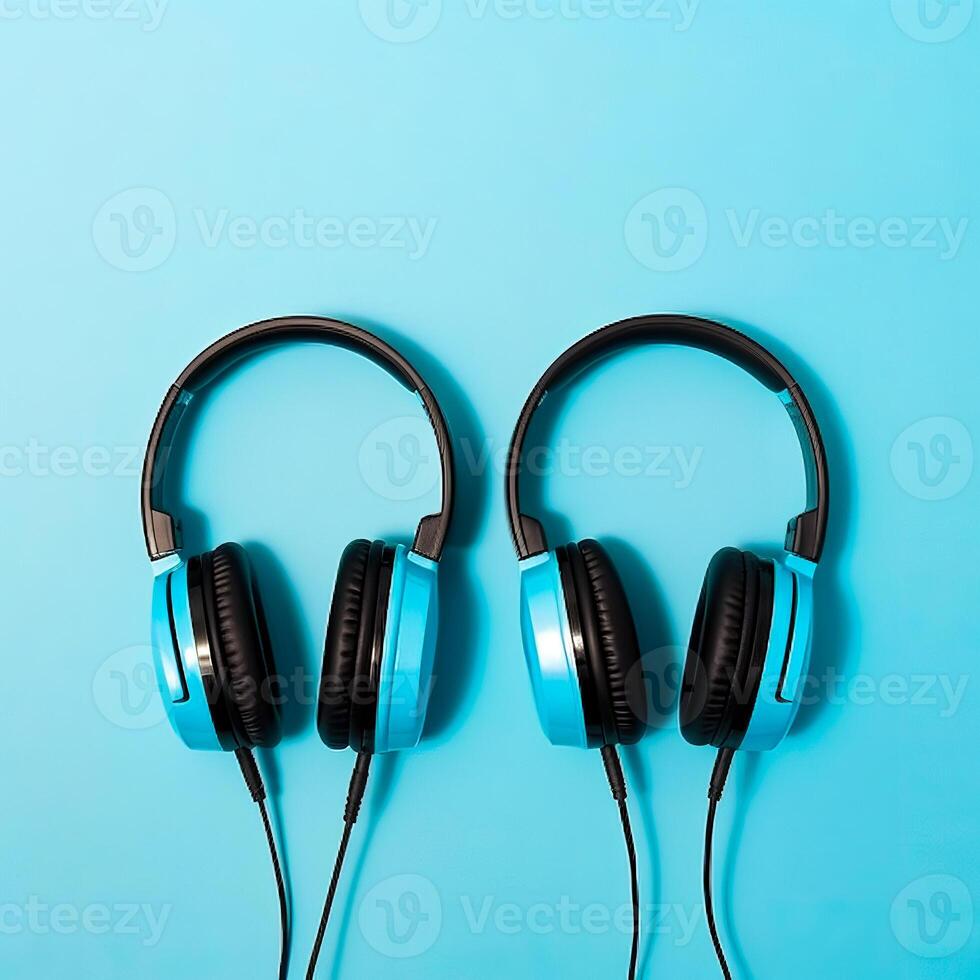 ai genererad blå hörlurar på blå bakgrund. de begrepp av lyssnande till musik audio böcker ljudböcker. foto