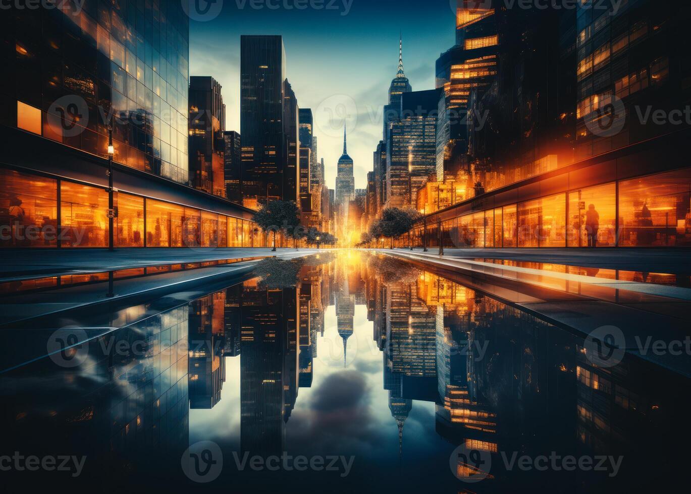 ai genererad kommersiell skyskrapor och byggnad. en fotografera fångande de urban landskap av en stad på natt, tittade från de motsatt sida av de gata. foto