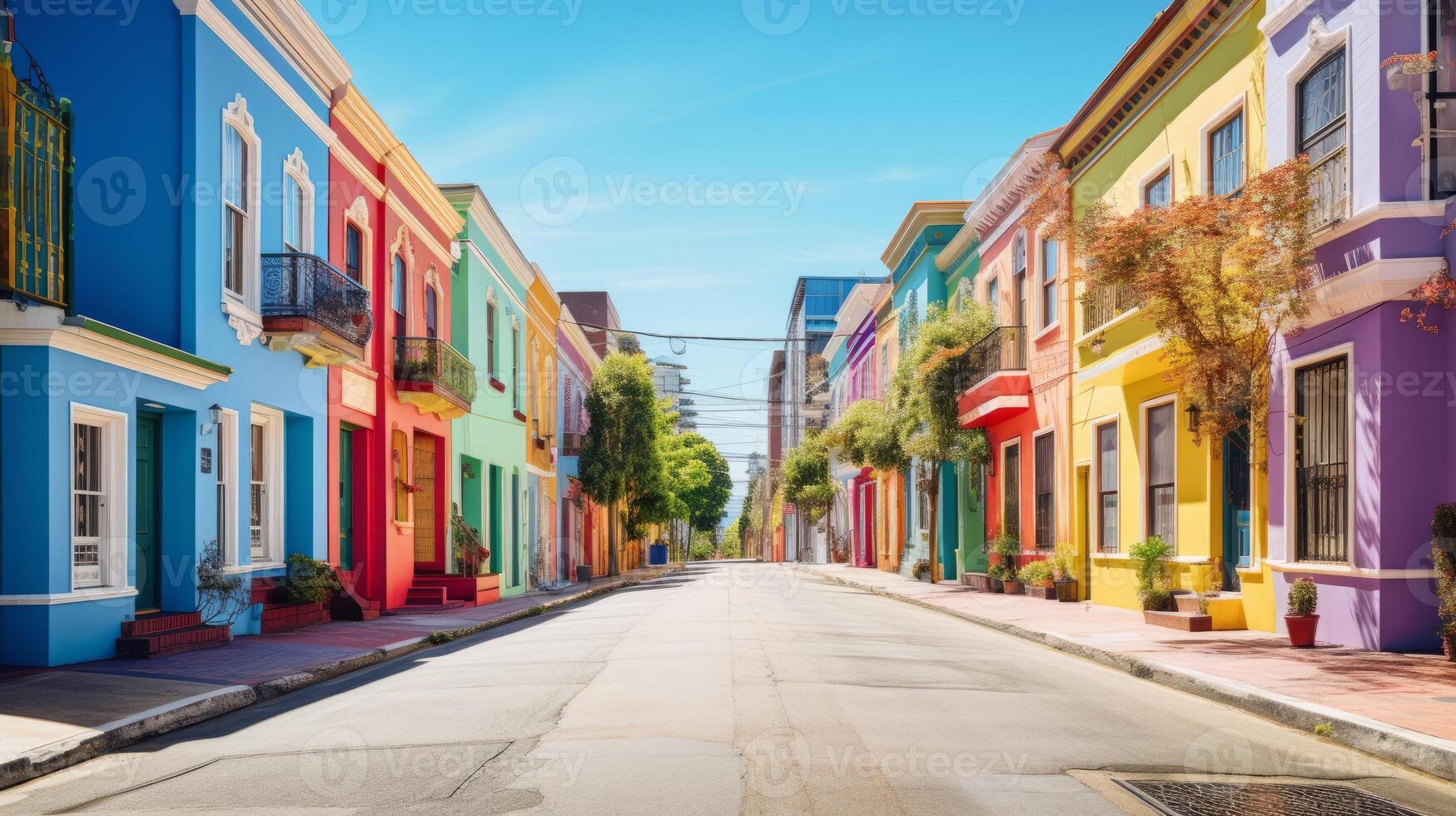 ai genererad en stad gata med färgrik urban arkitektur foto