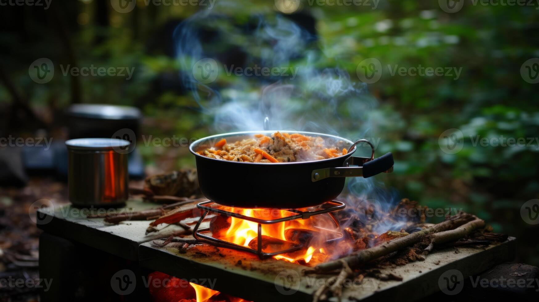 ai genererad en camping spis uppvärmning upp en pott av soppa foto