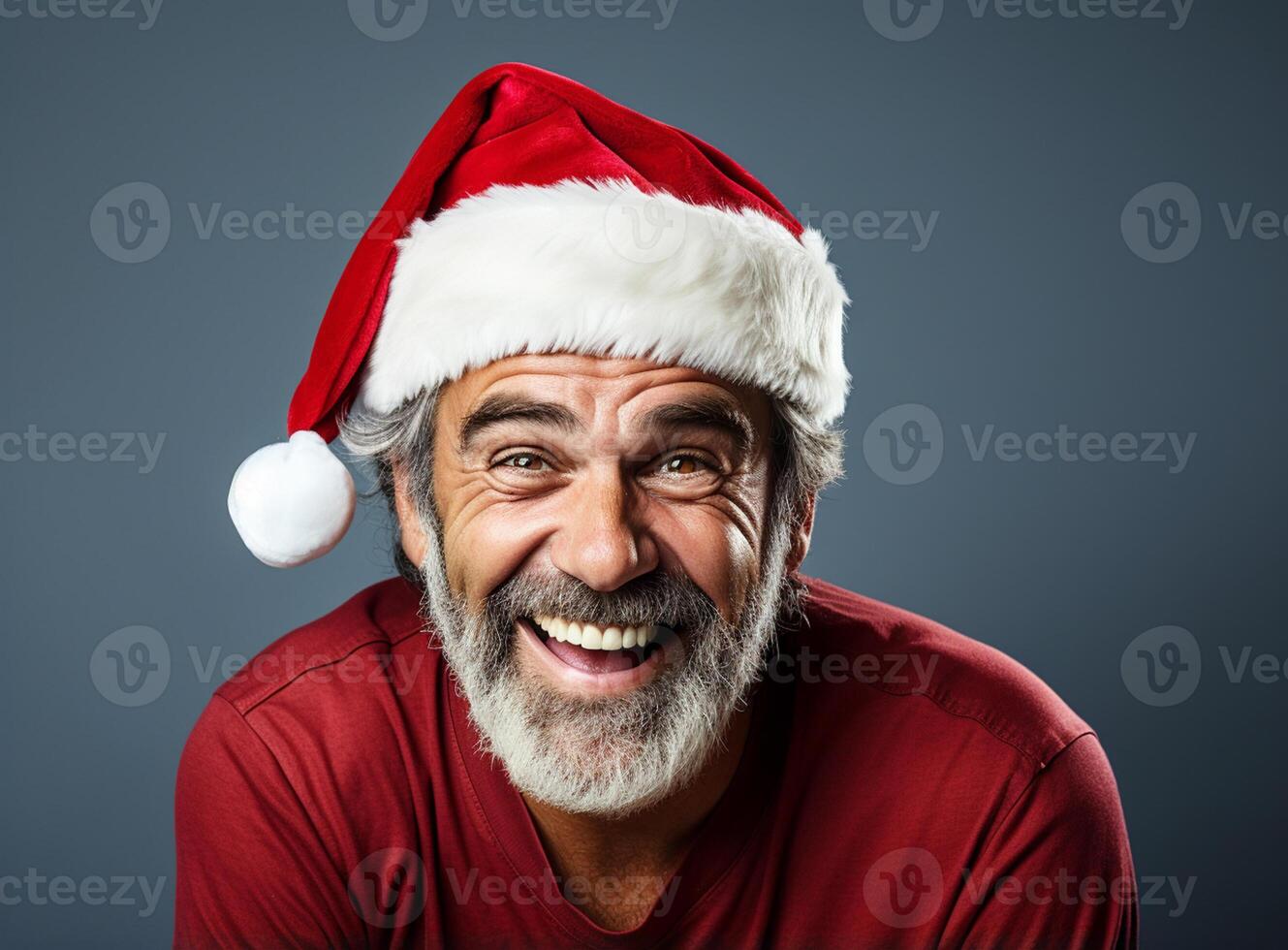 ai genererad glad santa claus. jul, ny år och firande begrepp - leende santa claus hipster i röd hatt. jul man med skägg. foto