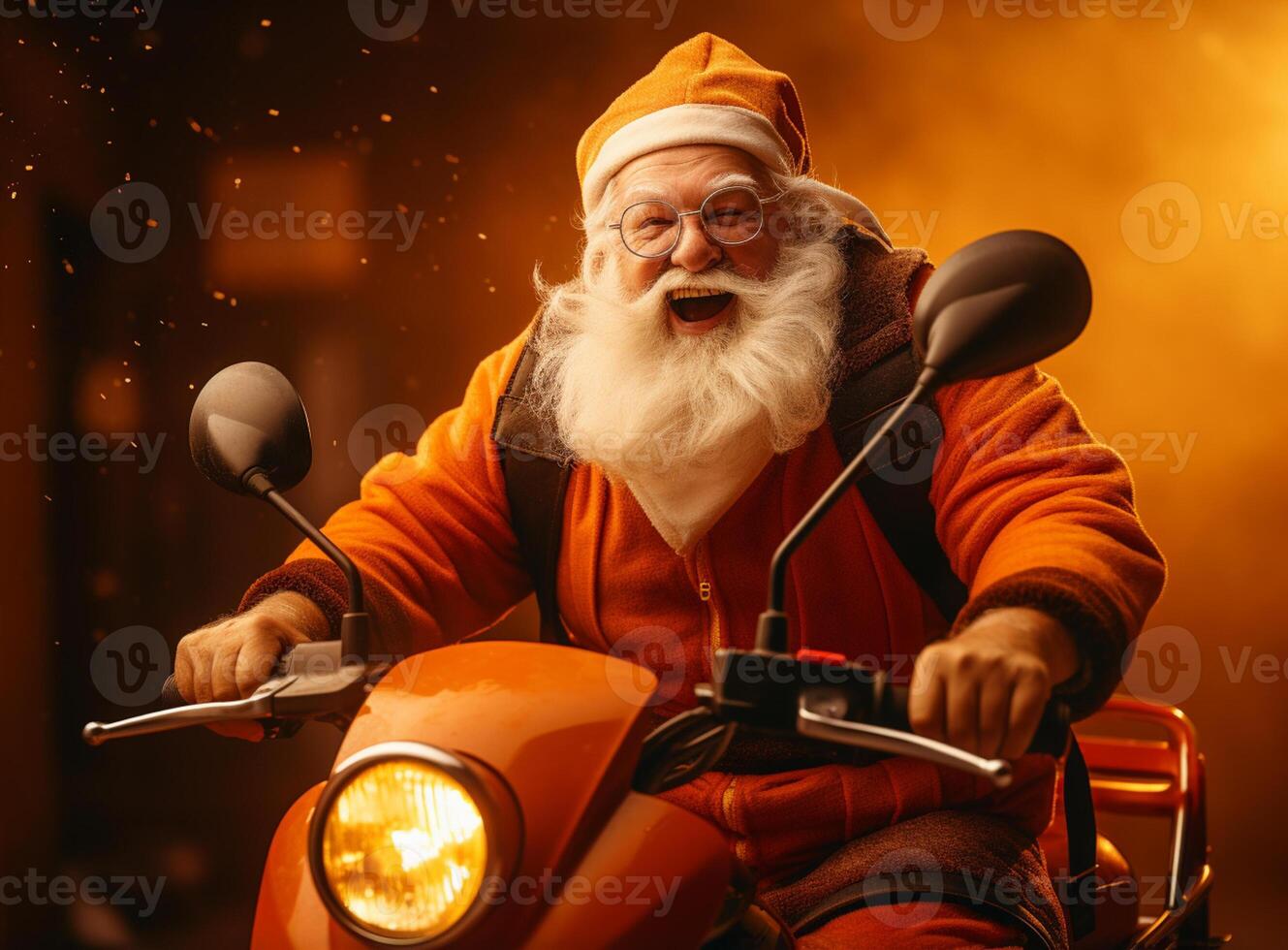 ai genererad santa claus levererar gåvor ridning en motorcykel. santa cykel foto