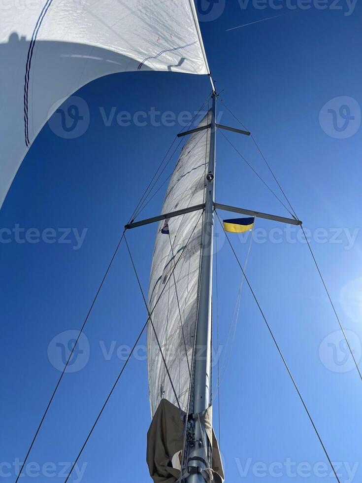 en segelbåt med en vit segla och en blå himmel foto