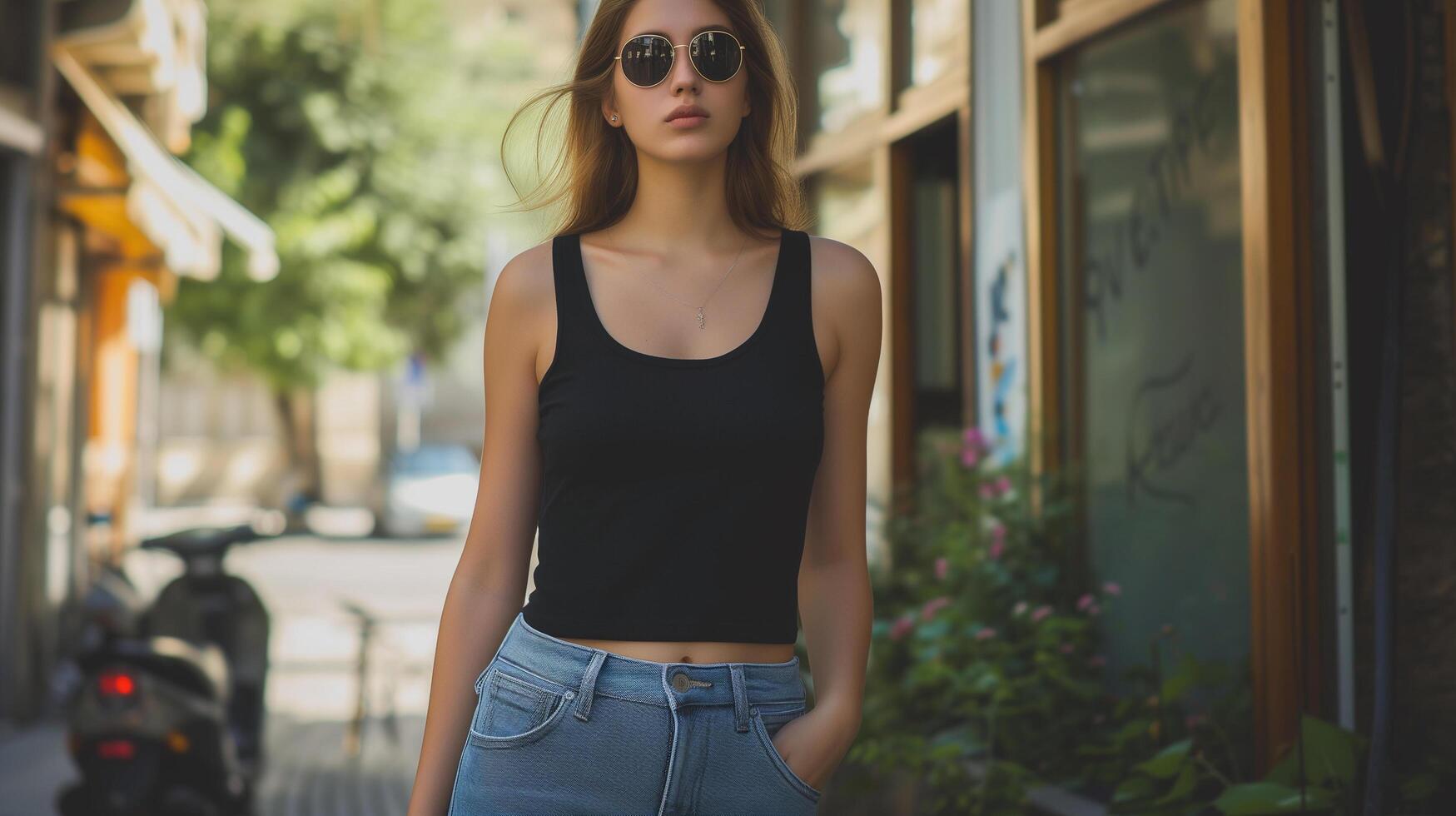 ai genererad attraktiv ung kvinna bär tom tömma svart tank topp attrapp för design mall i de stad gata foto