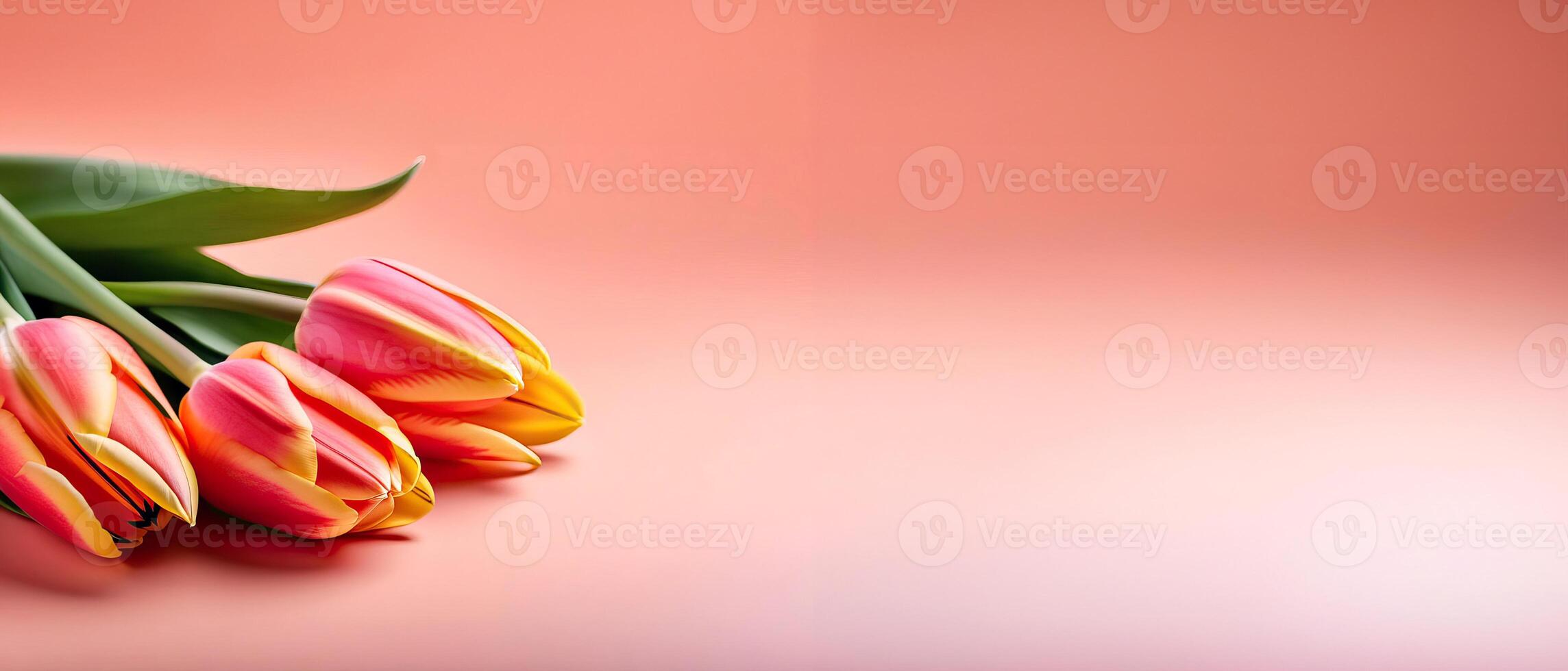 ai genererad tre oöppnad färsk tulpan knoppar på ett luftig persika bakgrund med Plats för din text foto