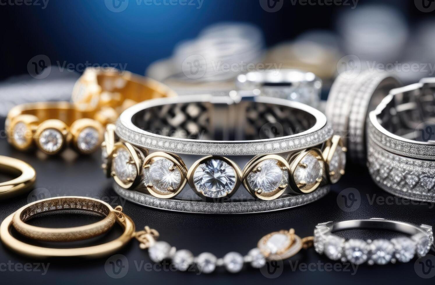 ai genererad Smycken salong, guld och silver- Smycken med dyrbar stenar, Smycken reklam, diamant ringa, reklam lyx trend foto