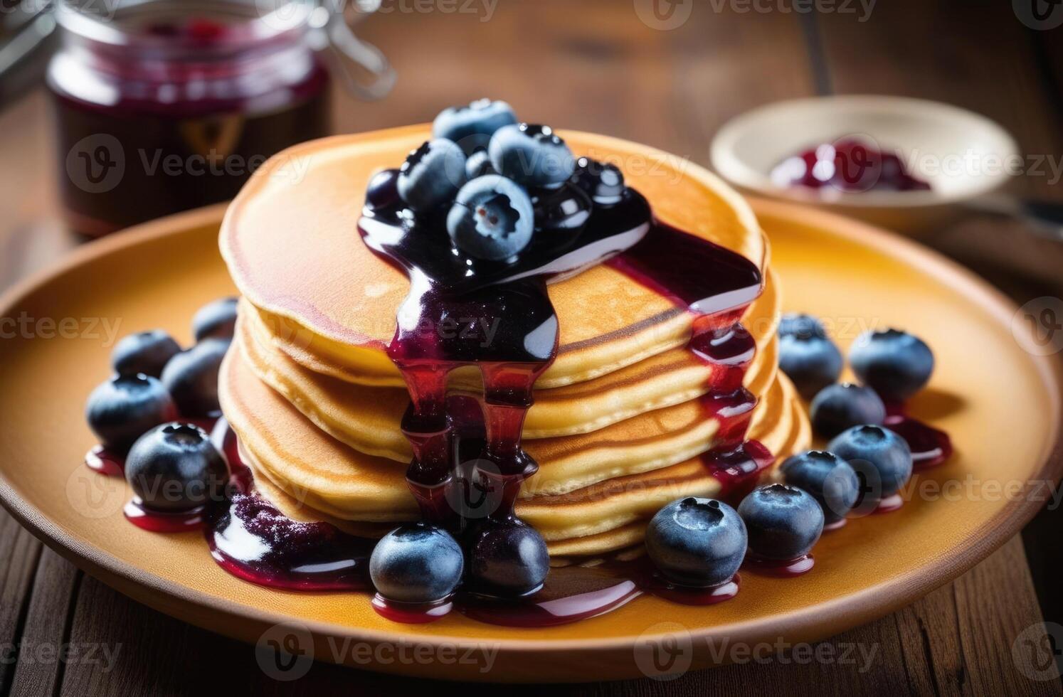 ai genererad ljuv bär efterrätt, pannkakor med blåbär, en stack av pannkakor med sylt, utsökt och friska frukost, hemlagad bakverk, foton för de kaffe affär meny