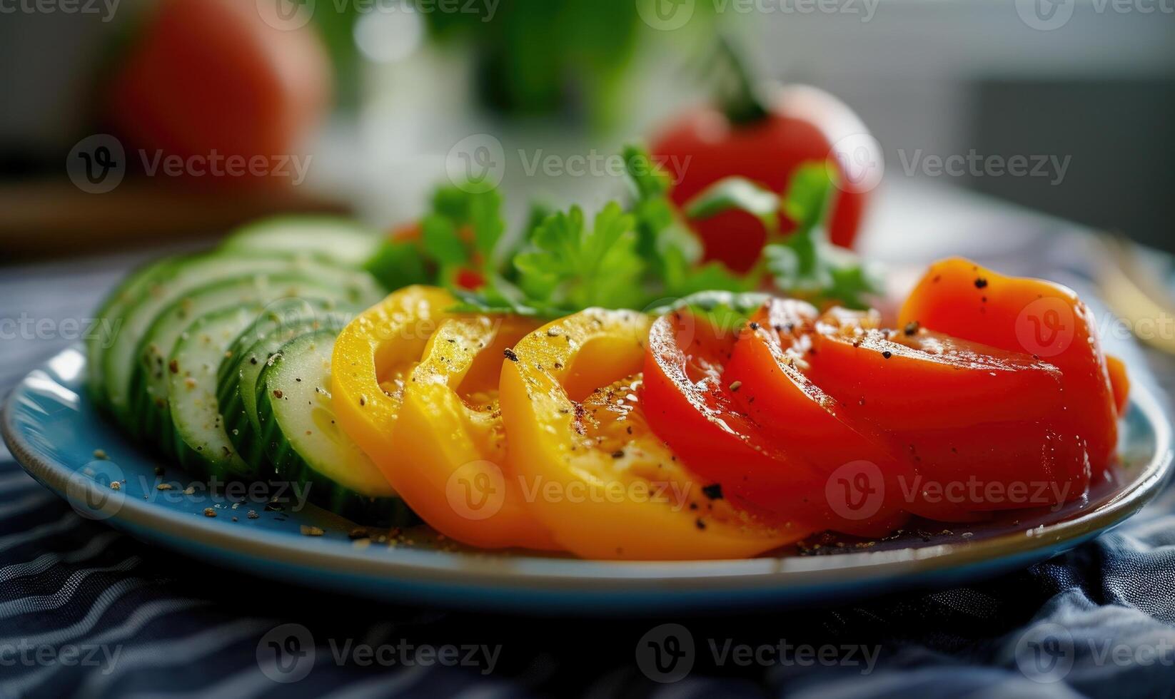 ai genererad färsk vegetabiliska sallad med tomater, gurkor, klocka peppar, lök och basilika på en svart tallrik. foto