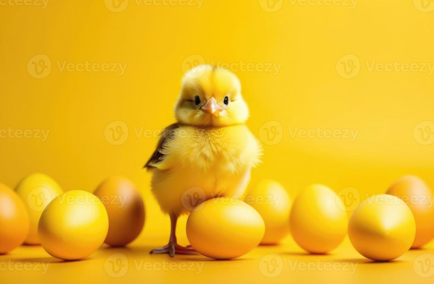 ai genererad värld fågel dag, påsk, fjäderfän, liten påsk kyckling, rolig gul brud, färgrik målad ägg, gul bakgrund foto