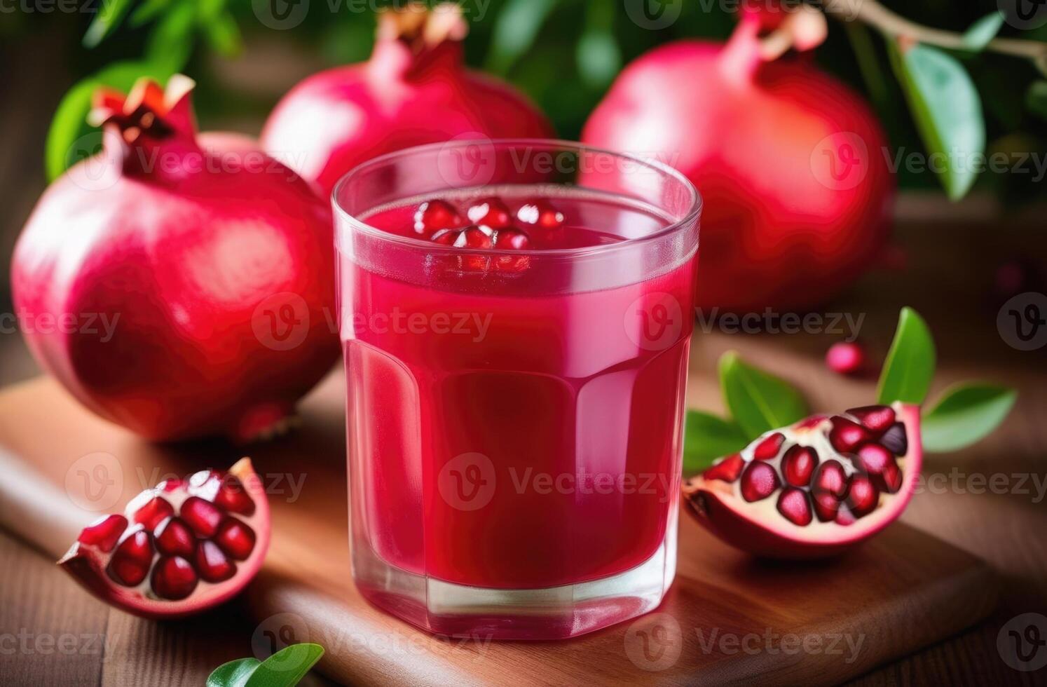 ai genererad en glas av nyligen pressas granatäpple juice på en trä- tabell, färsk granatäpple, frukt juice foto