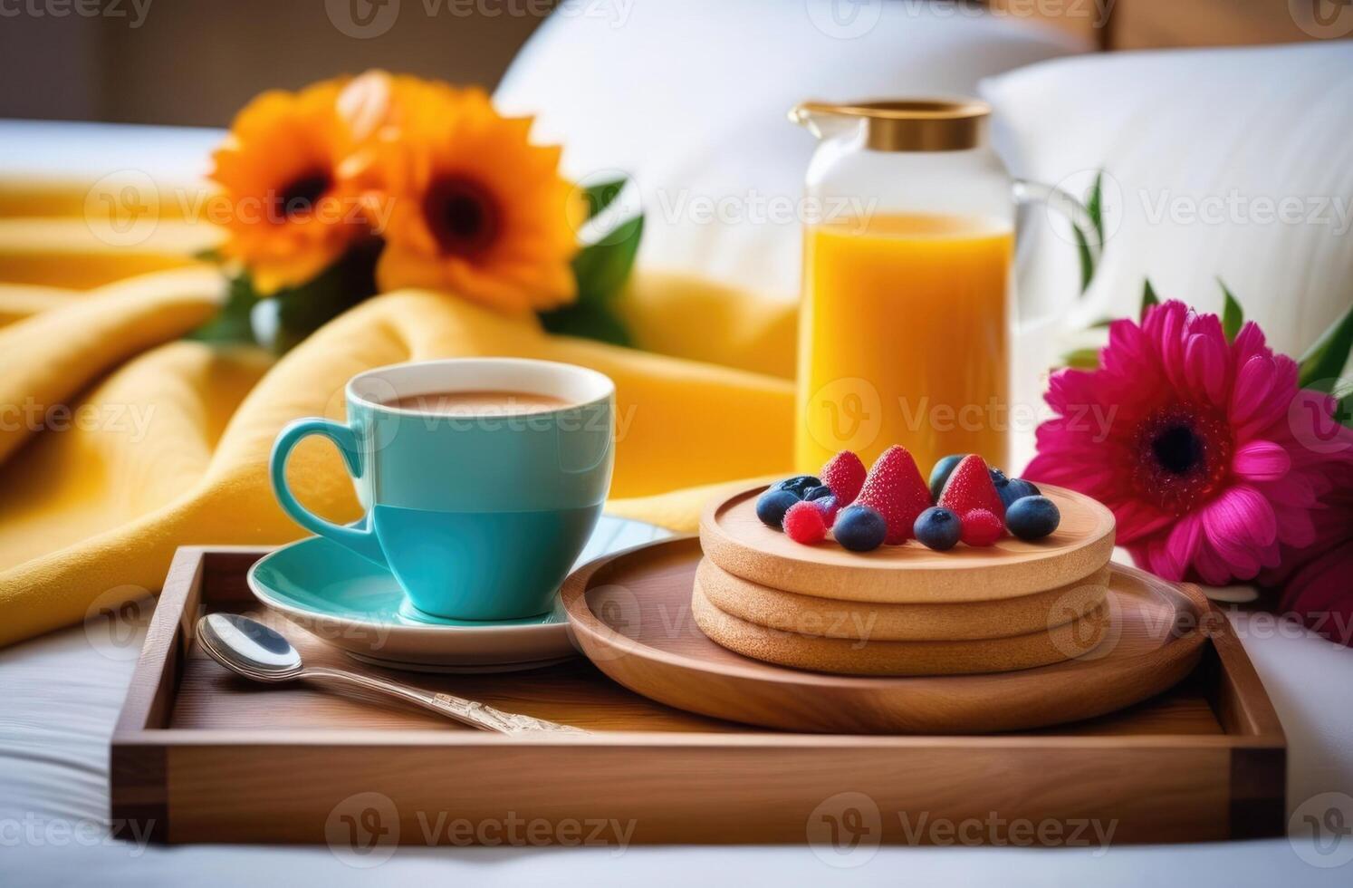 ai genererad hjärtans dag, värld familj dag, romantisk frukost i säng, trä- bricka på de säng, kaffe, orange juice, blommor och pannkakor med bär foto