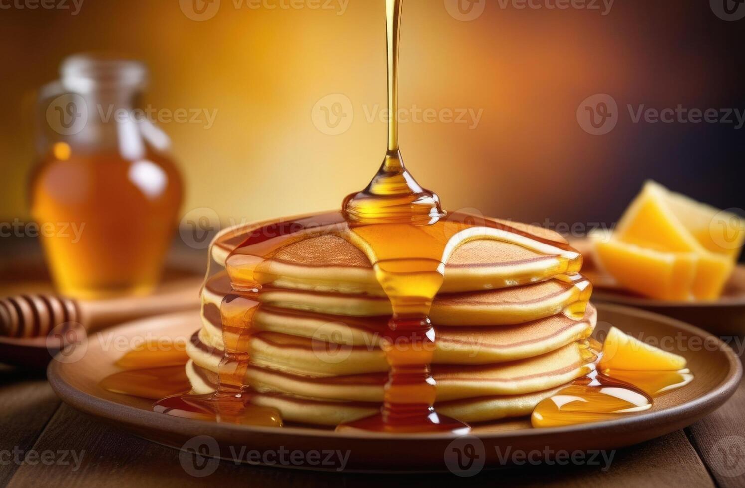 ai genererad en stack av pannkakor med honung, en ljuv efterrätt, en utsökt och friska frukost, honung häller på pannkakor, foton för de kaffe affär meny