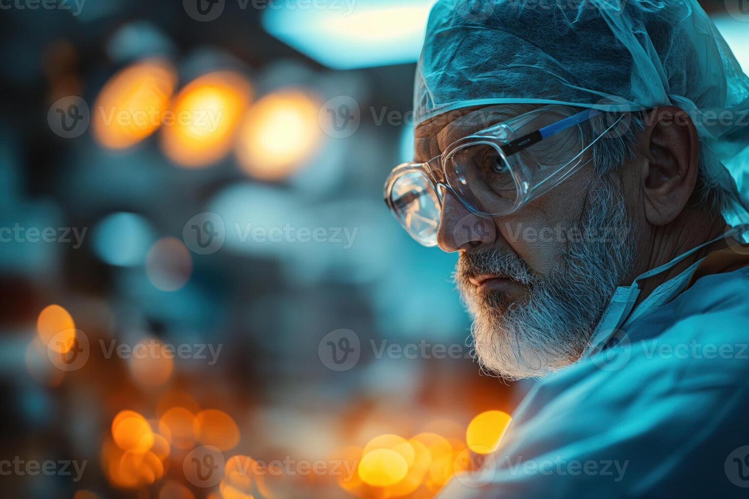 ai genererad ett erfaren kirurg i blå scrubs och säkerhet glasögon spänt förbereder för en medicinsk drift i en välutrustade rörelse rum. läkare man hälsa i rörelse rum begrepp. foto