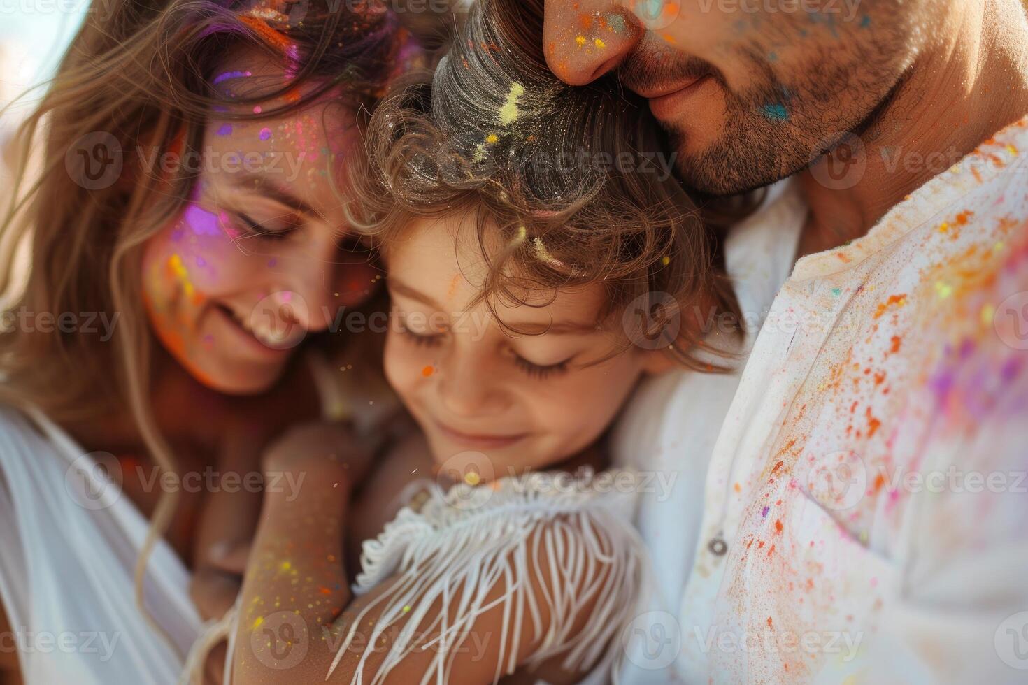 ai genererad familj bindning över holi Färg spela. en familj åtnjuter en närbild ögonblick, ansikten täckt med vibrerande holi färger, strålande glädje och samhörighet. foto