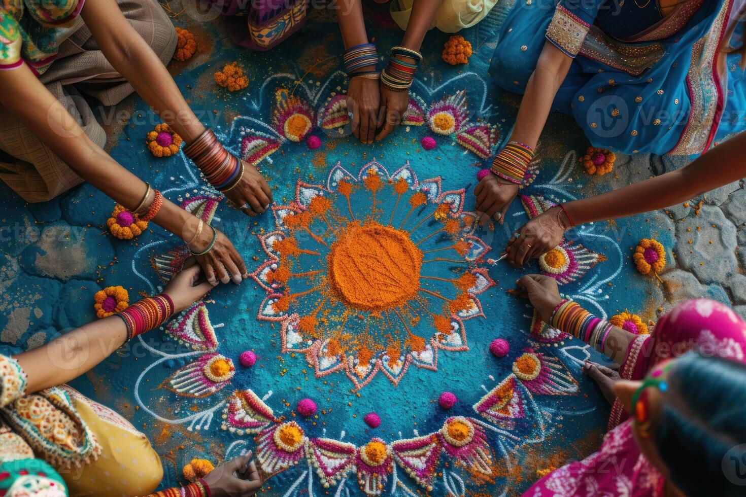 ai genererad vänner skapande färgrik rangoli konst tillsammans. närbild av händer noggrant crafting en vibrerande rangoli, en traditionell indisk konst form under en festival. foto