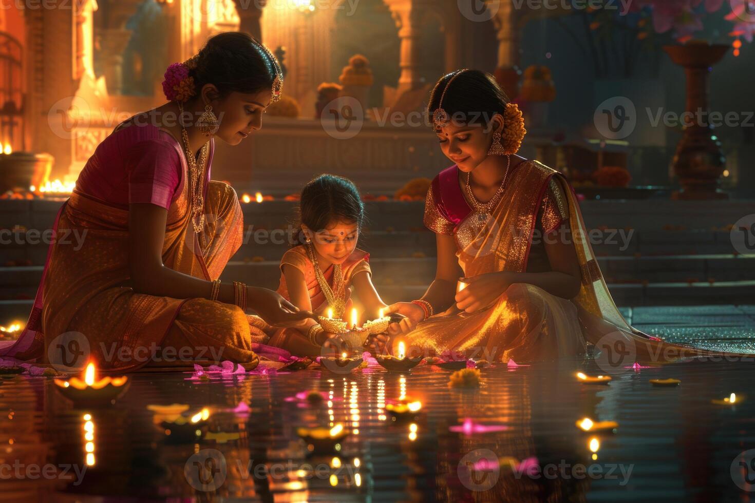 ai genererad familj bindning över diwali traditioner på skymning. ett animerad illustration av en familj klädd i traditionell klädsel, utbyte ler över diwali lampor i de skymning. foto