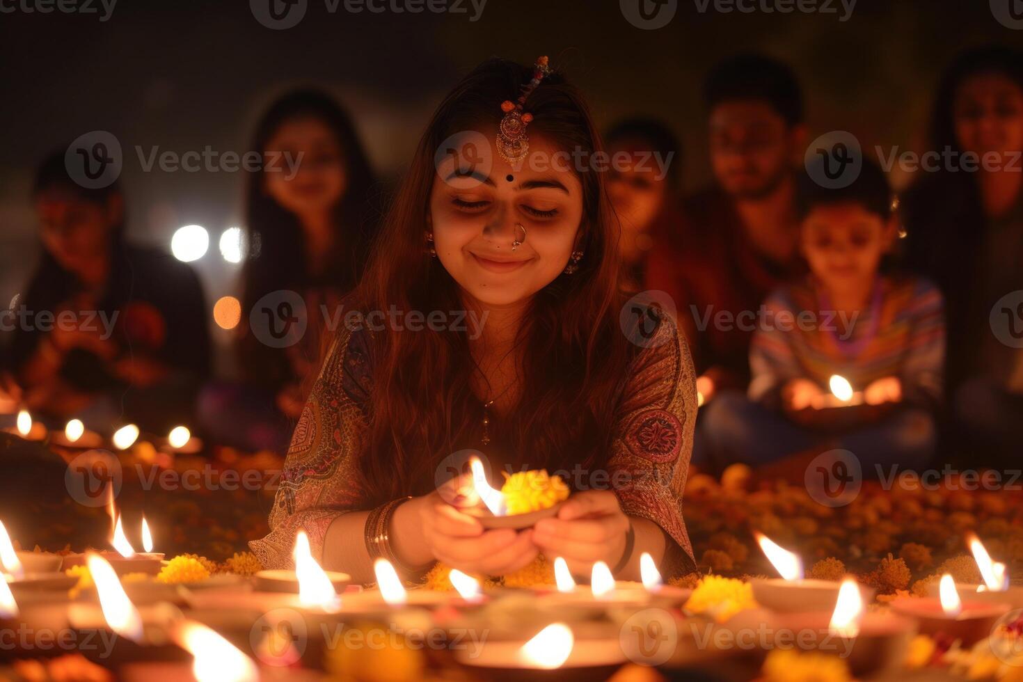 ai genererad familj tradition av belysning diyas på diwali. närbild av en ung flicka belysning lergods lampor omgiven förbi henne familj under diwali firande. foto