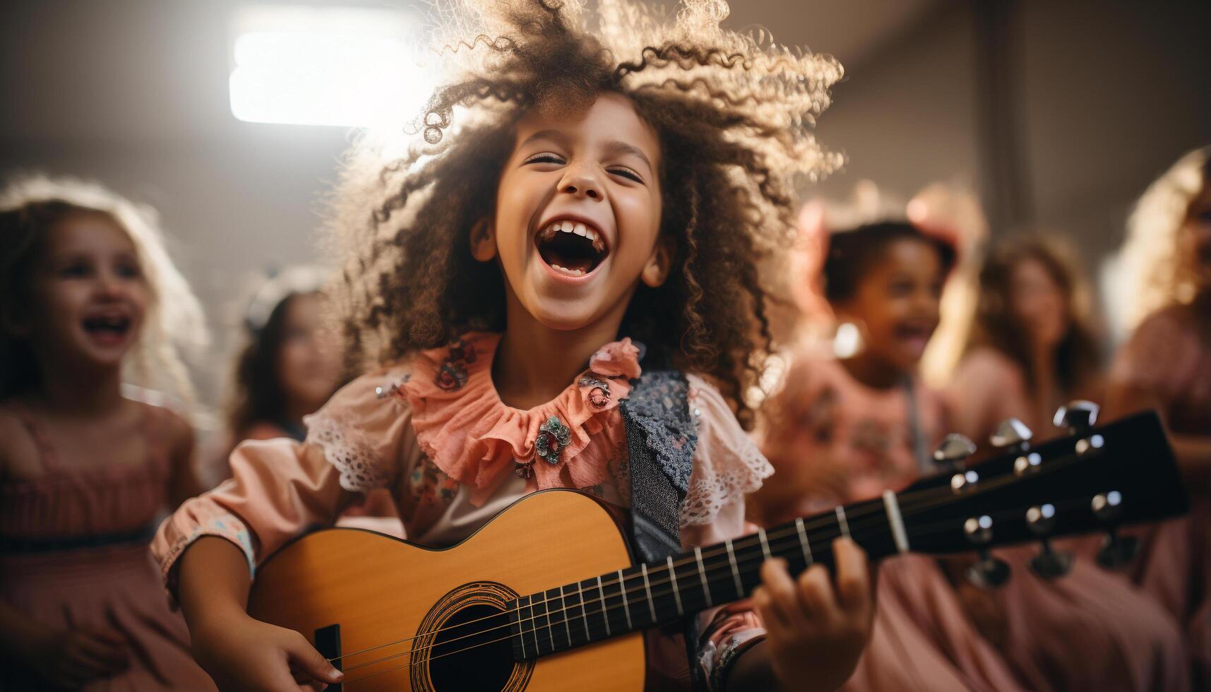 ai genererad flickor spelar gitarr, leende, lycka, barndom roligt, musiker inomhus genererad förbi ai foto