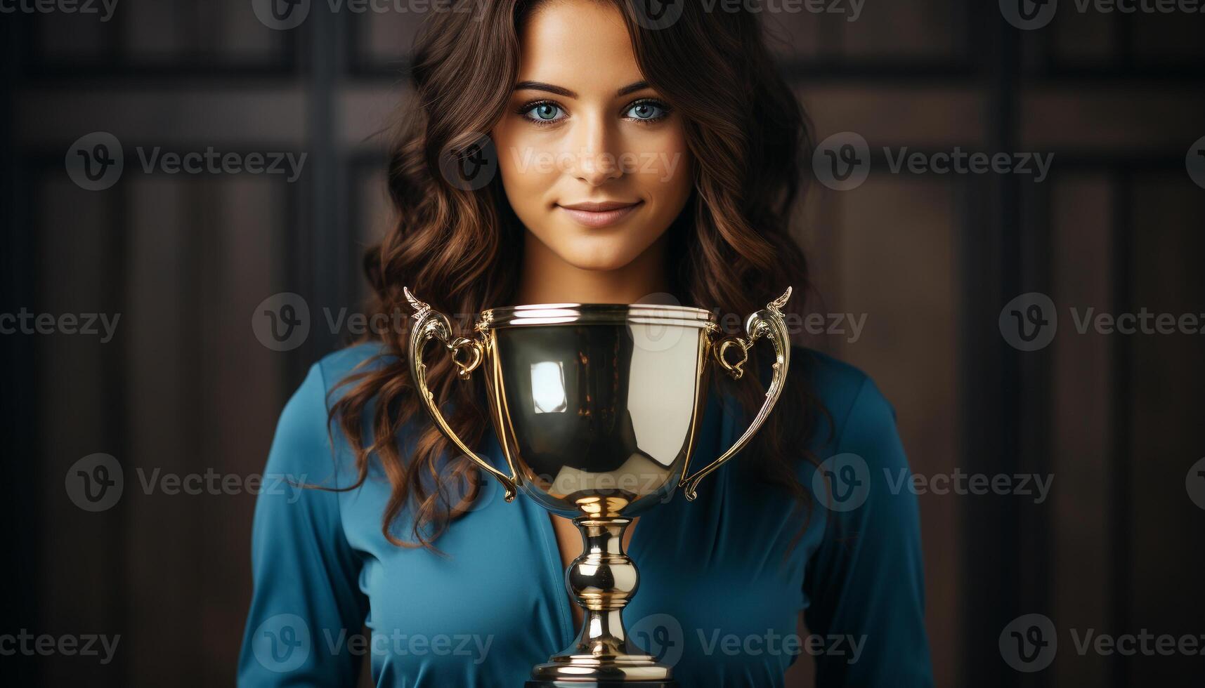 ai genererad framgångsrik ung kvinna leende, innehav guld trofé, självsäker och stolt genererad förbi ai foto