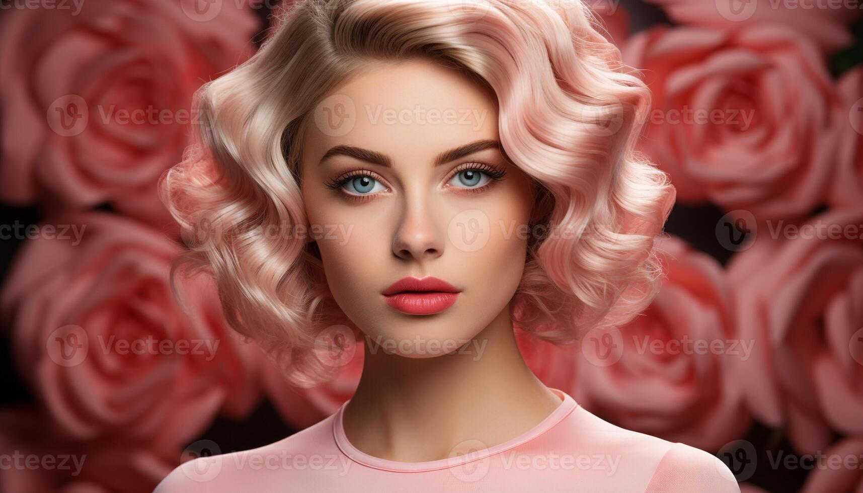 ai genererad en skön blond kvinna med lockigt hår och rosa läppstift genererad förbi ai foto