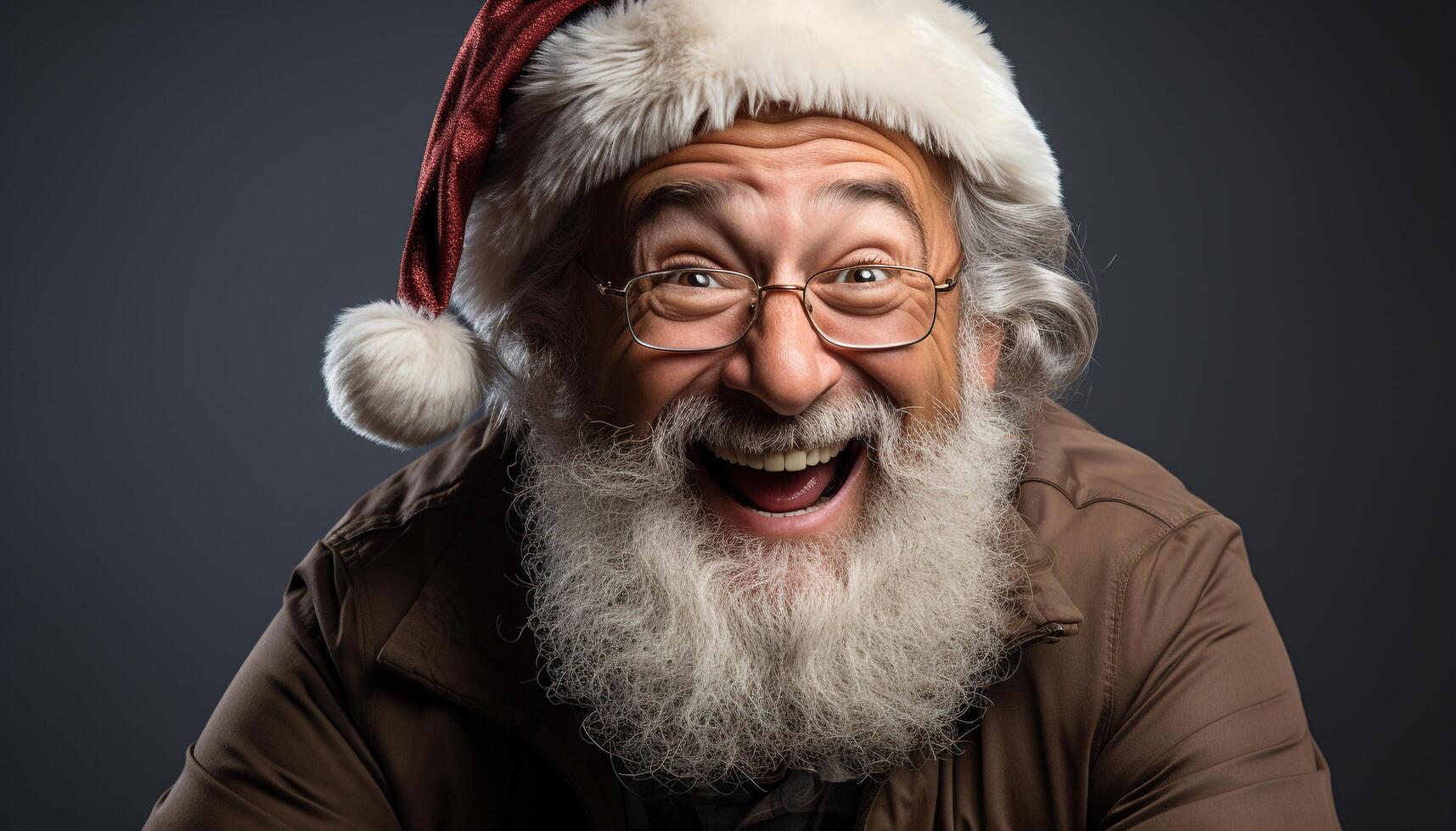 ai genererad leende senior man med skägg firar vinter, utsöndrar lycka genererad förbi ai foto