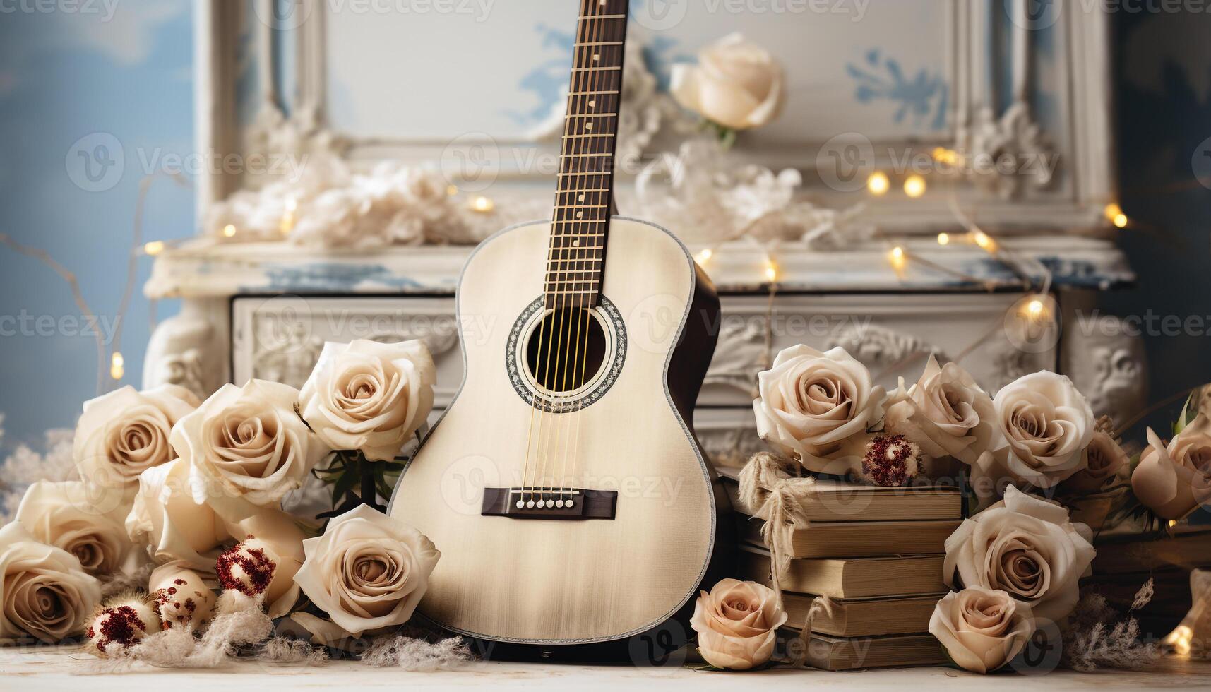 ai genererad romantisk musiker spelar akustisk gitarr, omgiven förbi rustik Hem dekor genererad förbi ai foto