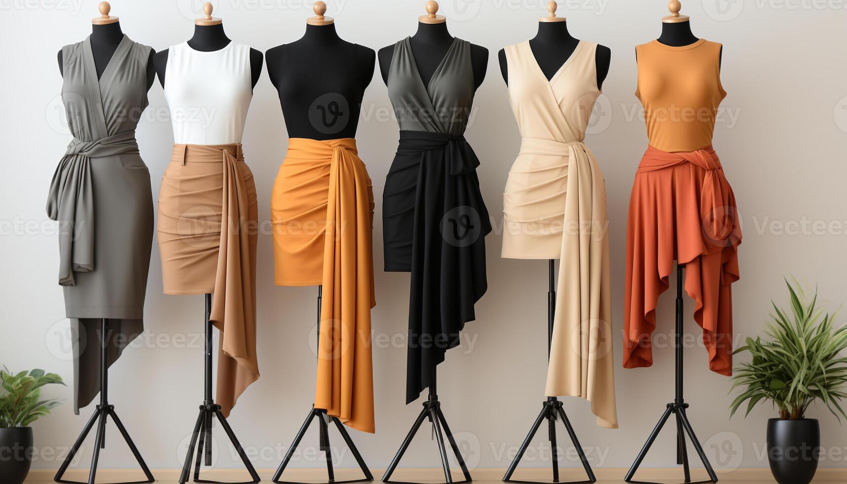 ai genererad mode boutique ställer ut elegant samling av modern Kläder för kvinnor genererad förbi ai foto
