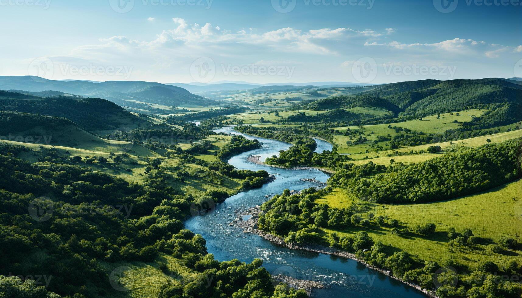 ai genererad lugn äng, grön gräs, blå himmel, berg topp, lugn natur genererad förbi ai foto