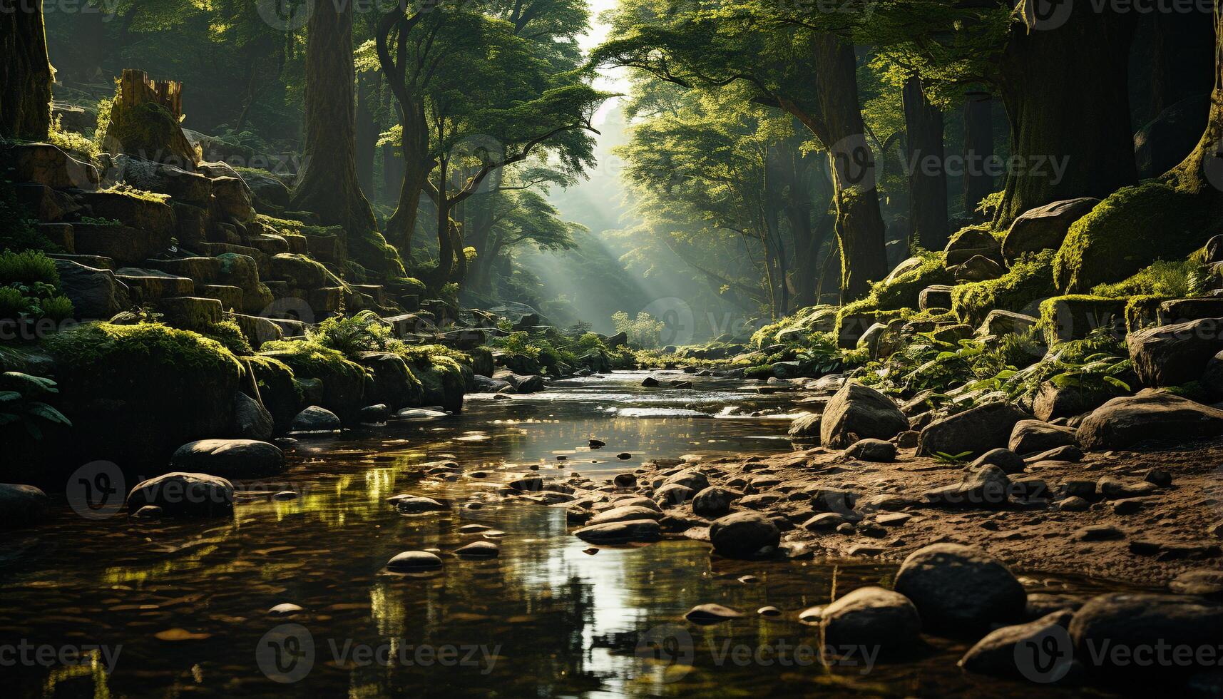 ai genererad mystisk skog lugn scen, dimma, höst, träd, vatten, sten genererad förbi ai foto