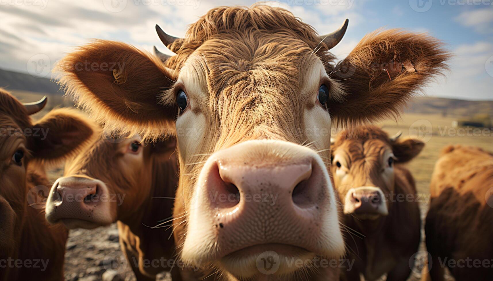 ai genererad söt nötkreatur betning på grön äng, jordbrukare utseende på kamera genererad förbi ai foto