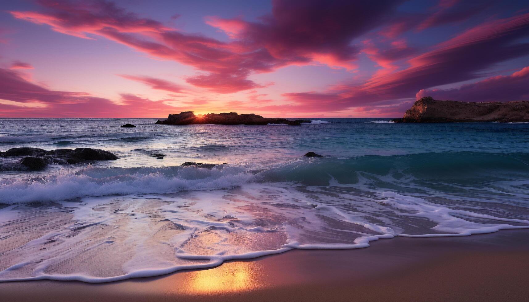 ai genererad solnedgång över de lugn kustlinje, natur skönhet reflekterad i vatten genererad förbi ai foto