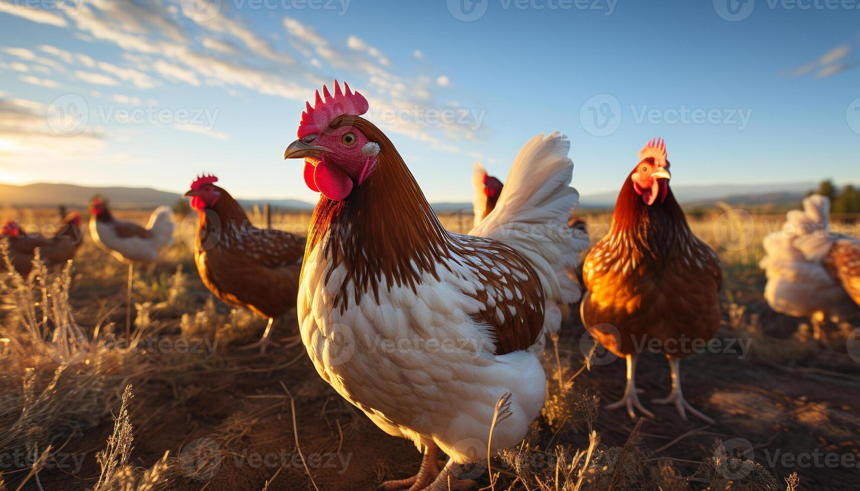 ai genererad kycklingar ströva omkring fritt, hackning gräs, njuter natur organisk frikostighet genererad förbi ai foto