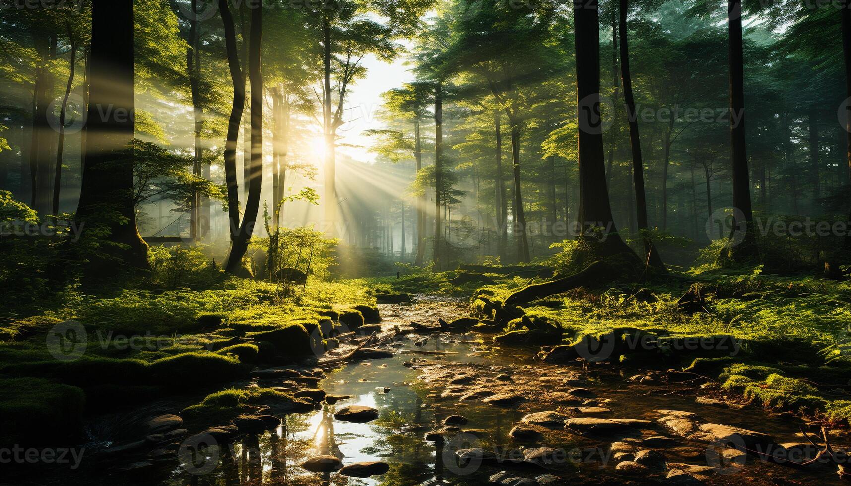 ai genererad lugn scen dimmig skog, solljus speglar på våt löv genererad förbi ai foto