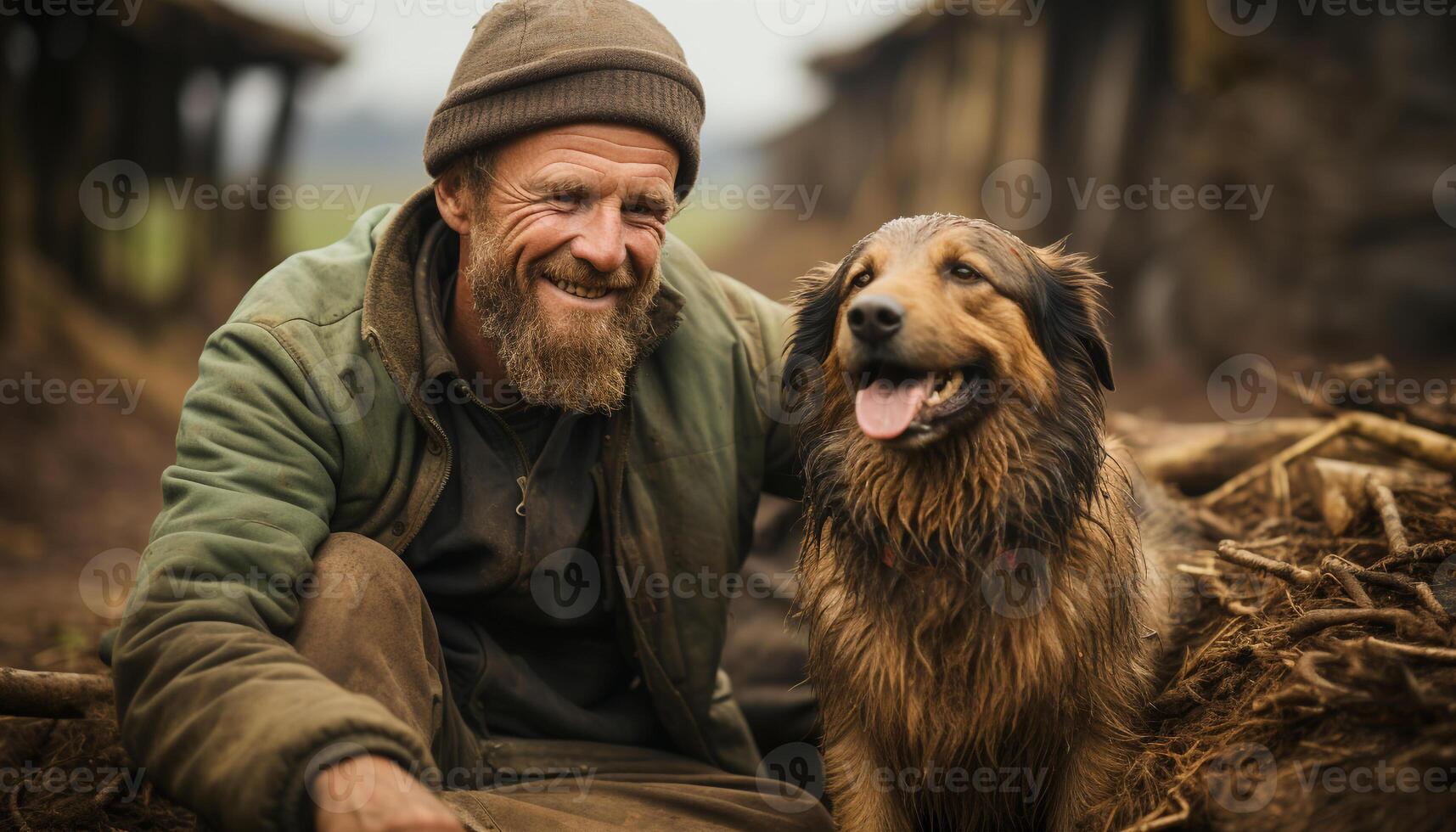 ai genererad ett man och hans hund, njuter de utomhus tillsammans genererad förbi ai foto