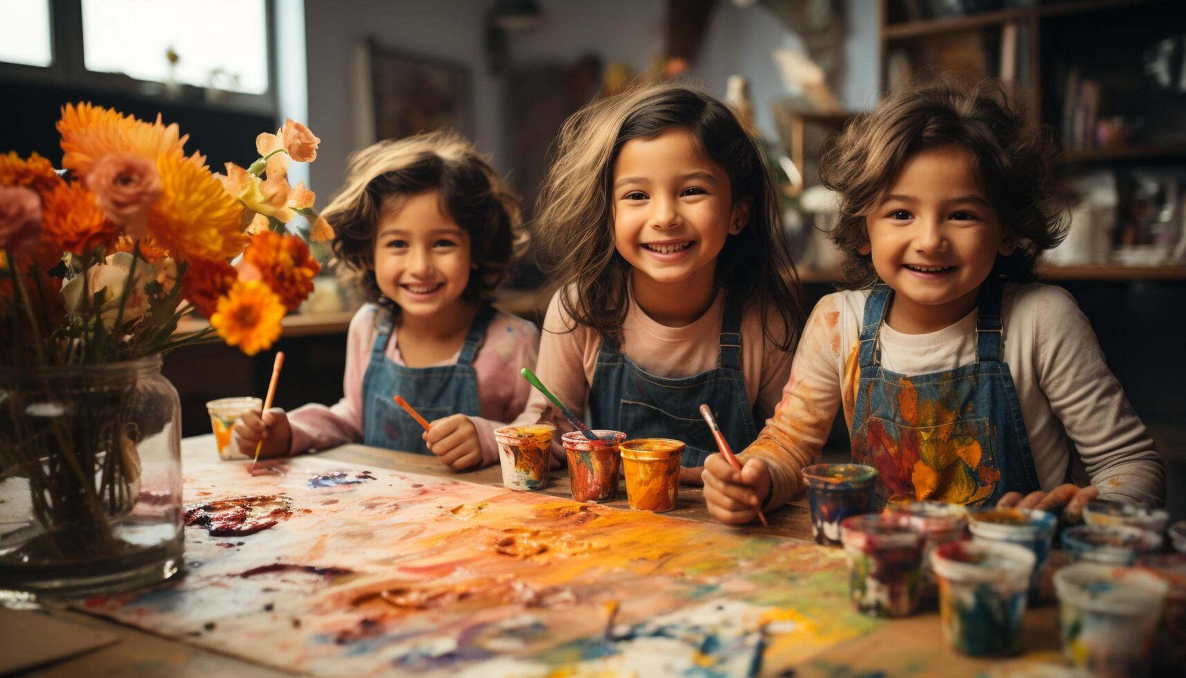 ai genererad leende flickor målning tillsammans, skapande färgrik konst med glädje genererad förbi ai foto