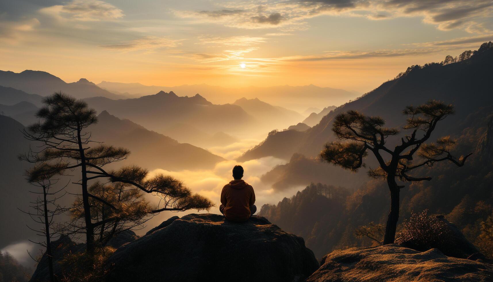 ai genererad ett person mediterar, omgiven förbi lugn natur och bergen genererad förbi ai foto