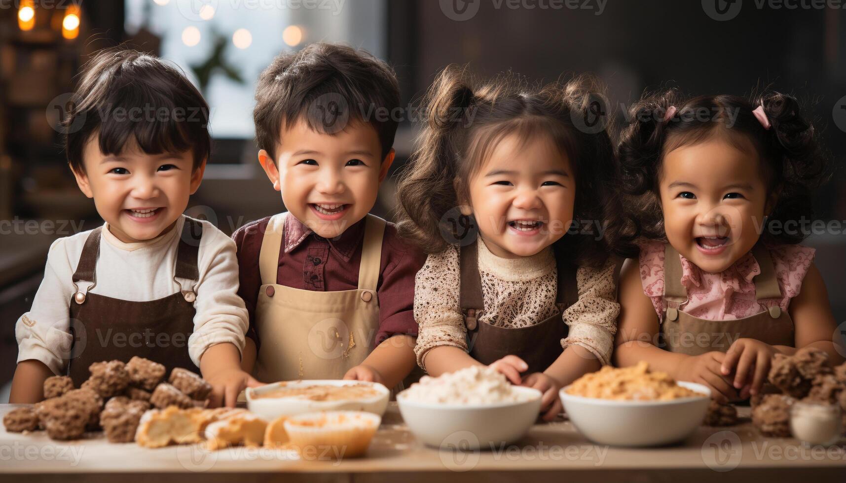 ai genererad leende flickor bakning, söt Pojkar inlärning, glad familj matlagning tillsammans genererad förbi ai foto